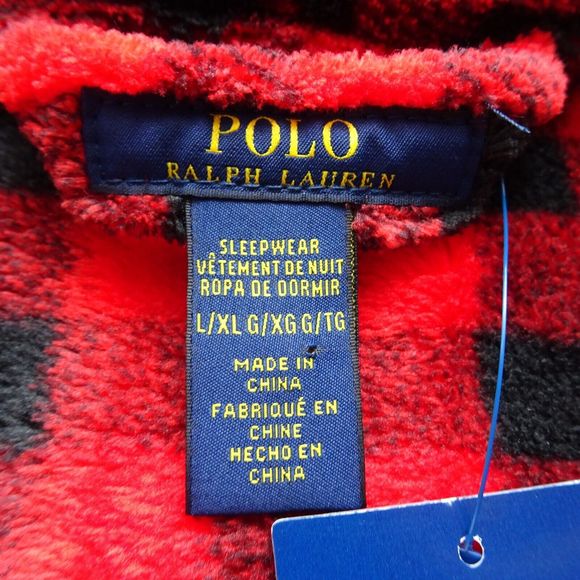 POLO RALPH LAUREN Men's Robe Sleep Fleece Plush Plaid Buffalo Red Black L/XL NWT - Picture 5 of 14